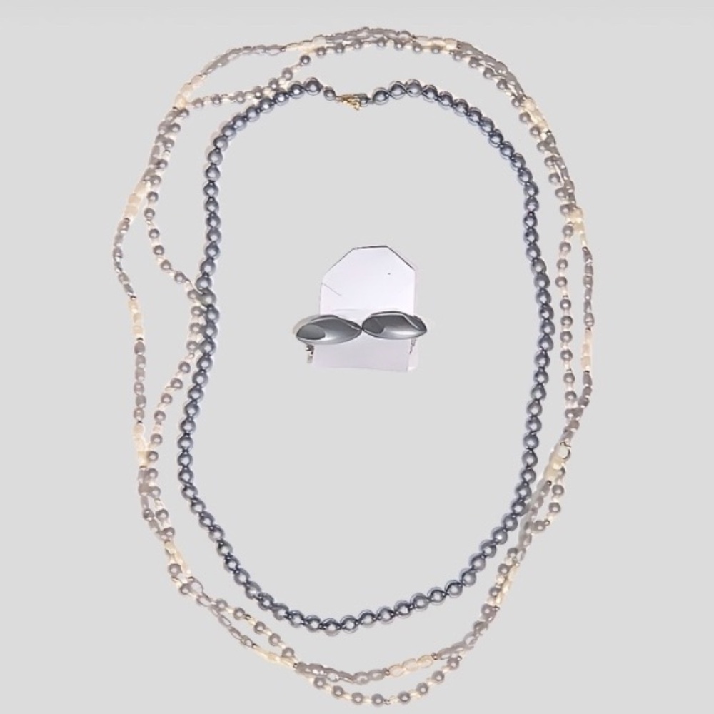 Vintage Pearl Beaded Necklace and Earrings Jewelry Set Ivory Gray